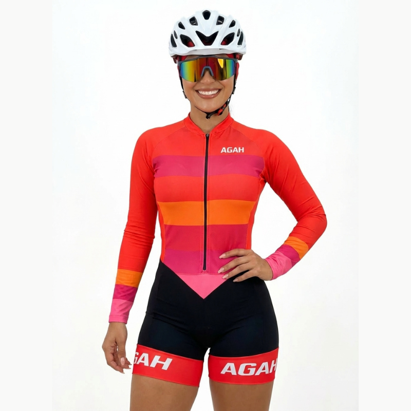 Macaquinho Ciclismo Feminino AGAH Velocity Comfort Vélor — Gel 19D, Zíper Frontal, Manga Longa | Triathlon e Estrada