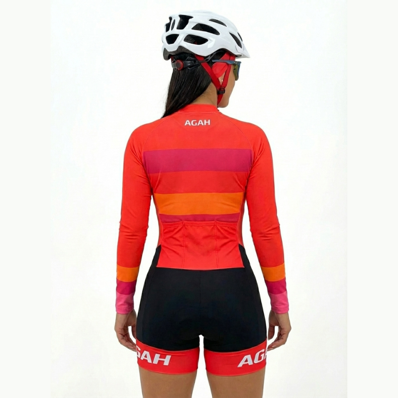 Macaquinho Ciclismo Feminino AGAH Velocity Comfort Vélor — Gel 19D, Zíper Frontal, Manga Longa | Triathlon e Estrada