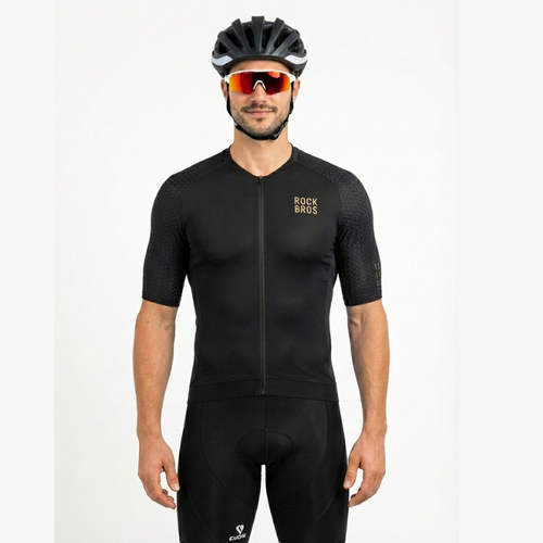 Camisa Ciclismo Masculino ROCKBROS Pró Vélor — Quick Dry, Corta-Vento e Logo Refletivo Dourado