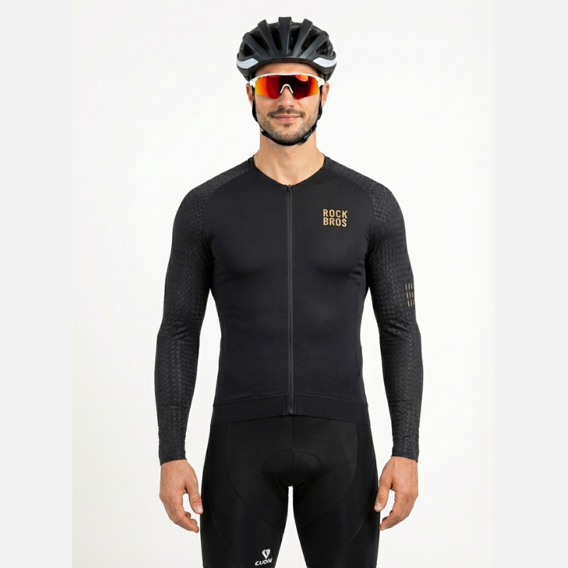 Camisa Ciclismo Masculino ROCKBROS Pró Vélor — Quick Dry, Corta-Vento e Logo Refletivo Dourado