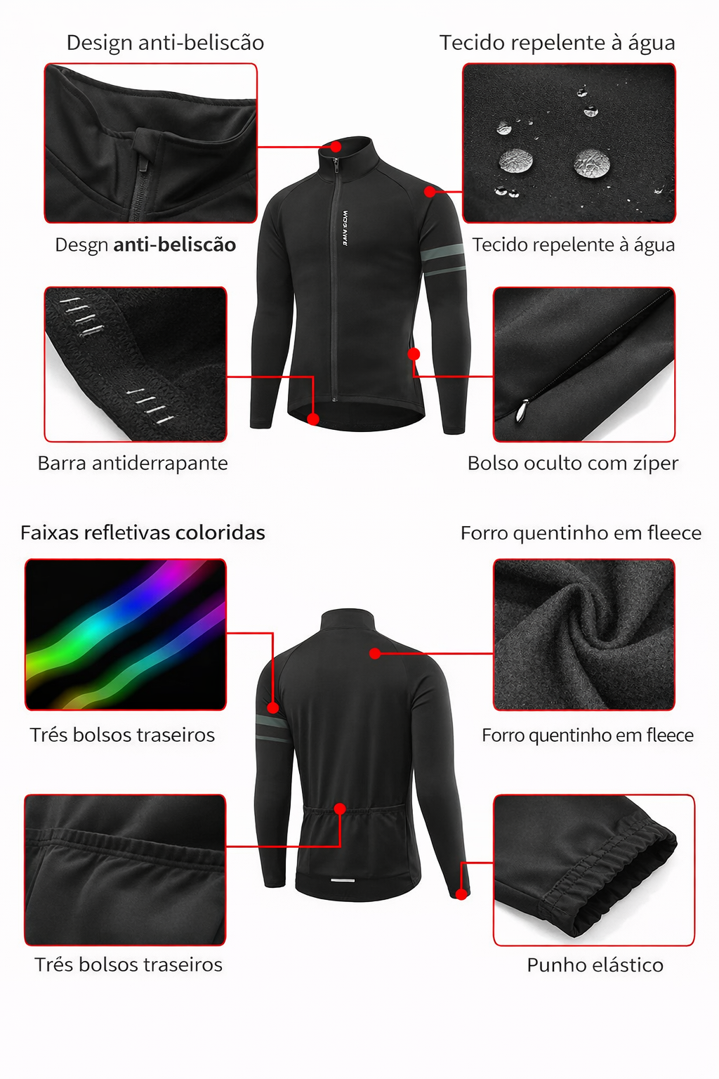 Jaqueta de Ciclismo Masculina WOSAWE BO284 – Corta Vento com Forro Fleece, Térmica e Refletiva