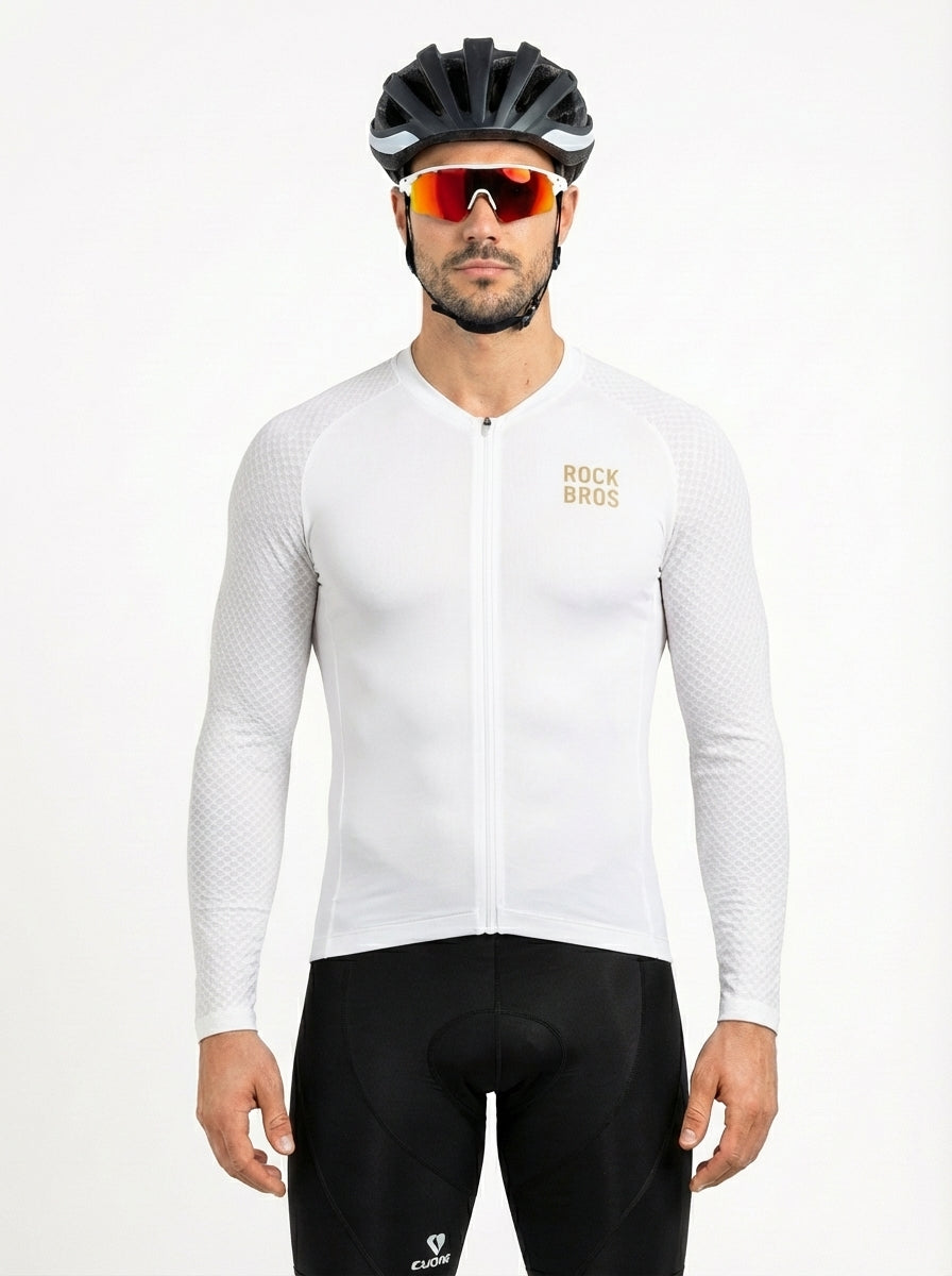 Camisa Ciclismo Masculino ROCKBROS Pró Vélor — Manga Longa, Race-Fit, UV UVA/UVB e Logo Refletivo Dourado