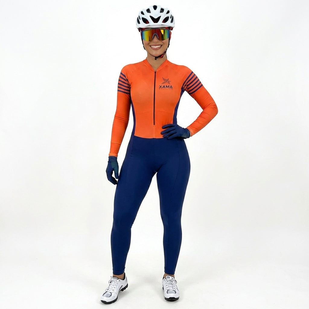 Macacão Ciclismo Feminino Xama Performance Vélor — Gel 20D, UV50+ e Alta Visibilidade Laranja