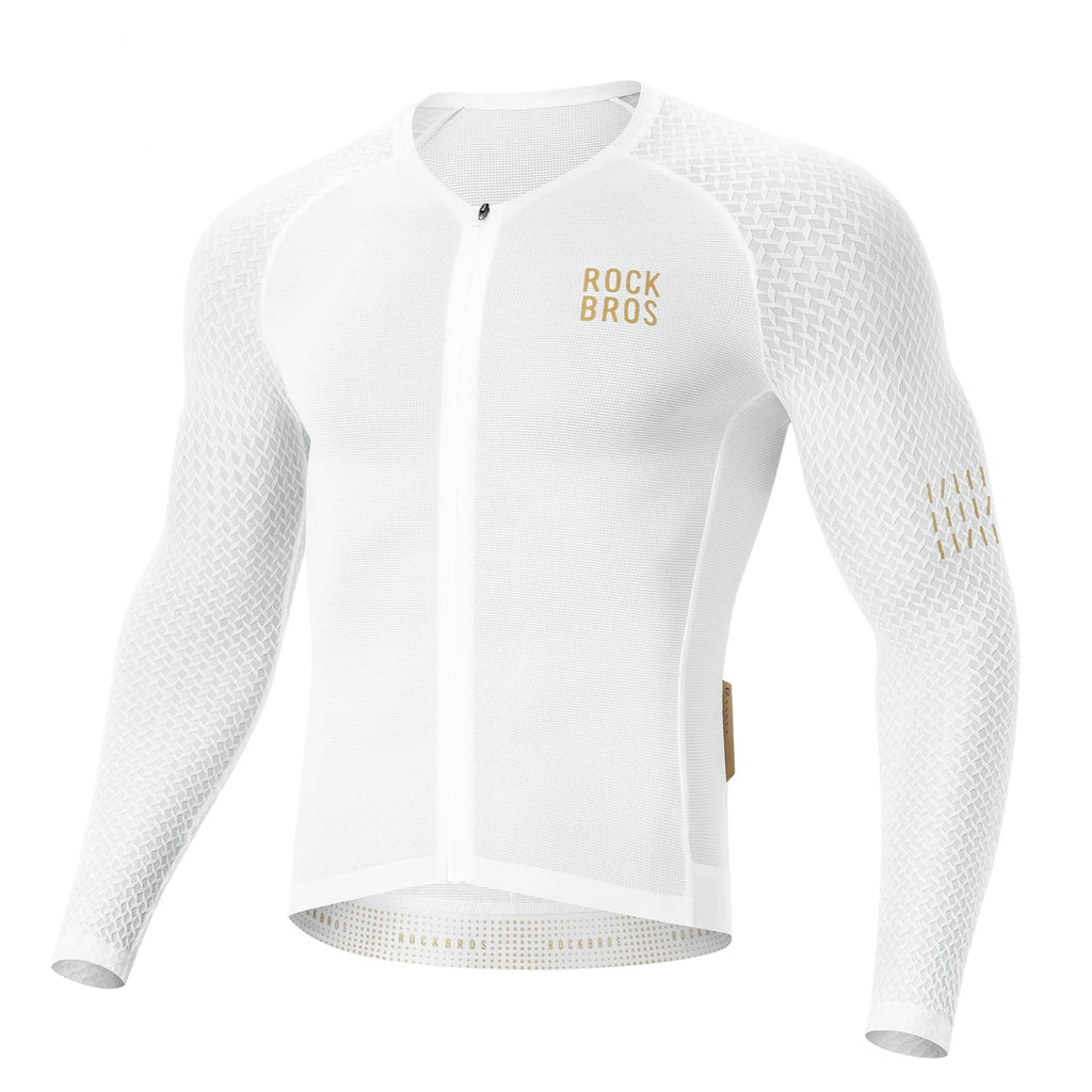 Camisa Ciclismo Masculino ROCKBROS Pró Vélor — Manga Longa, Race-Fit, UV UVA/UVB e Logo Refletivo Dourado