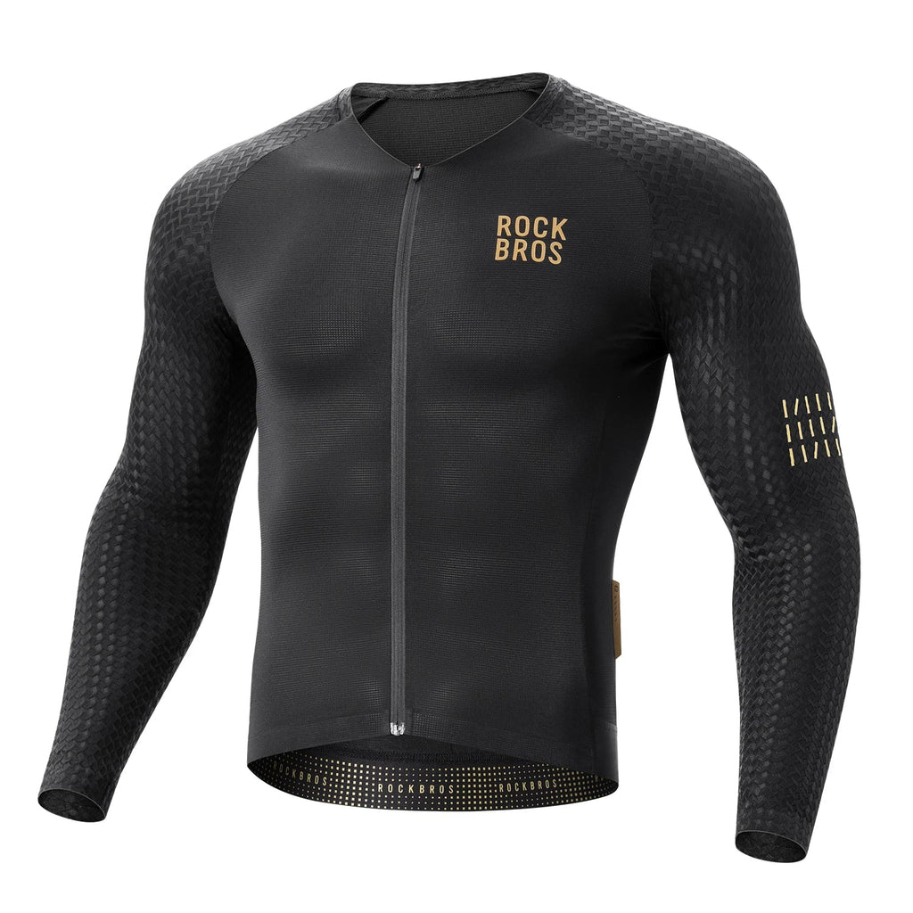 Camisa Ciclismo Masculino ROCKBROS Pró Vélor — Manga Longa, Race-Fit, UV UVA/UVB e Logo Refletivo Dourado