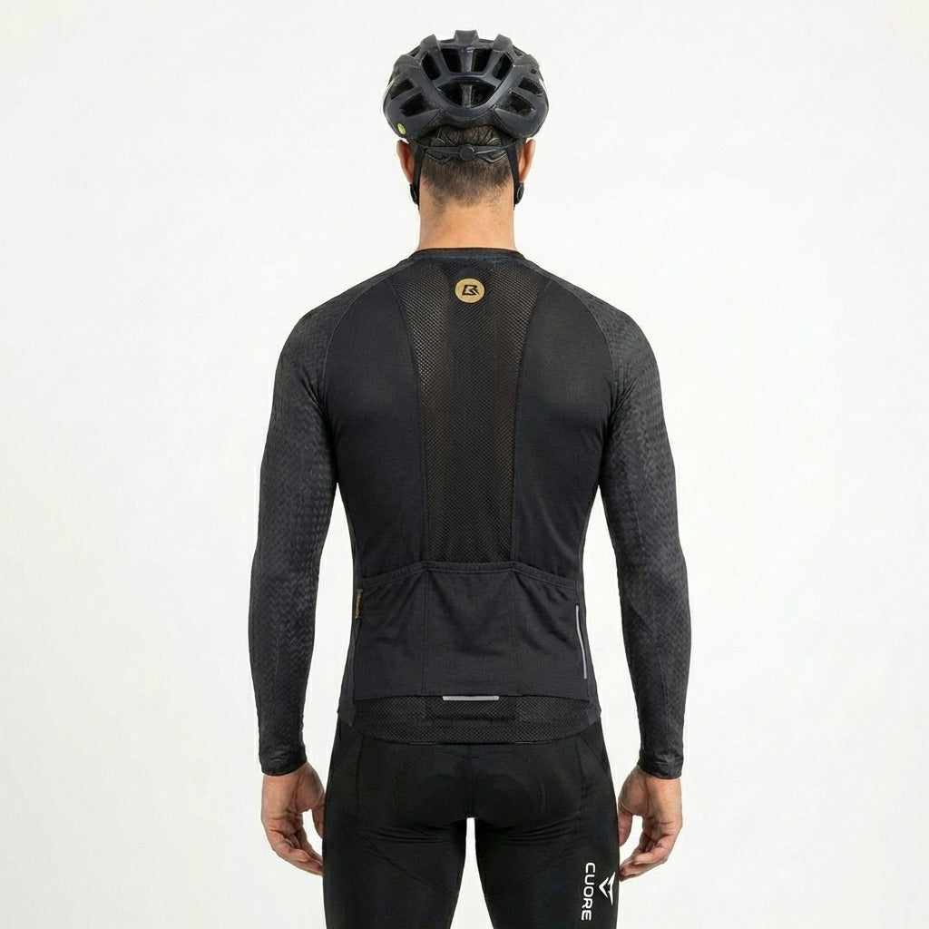 Camisa Ciclismo Masculino ROCKBROS Pró Vélor — Manga Longa, Race-Fit, UV UVA/UVB e Logo Refletivo Dourado