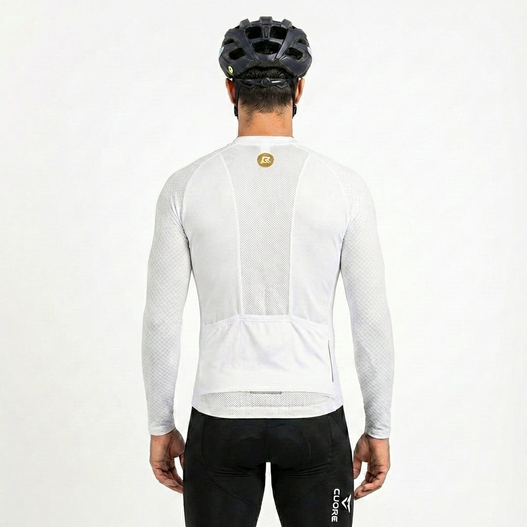 Camisa Ciclismo Masculino ROCKBROS Pró Vélor — Manga Longa, Race-Fit, UV UVA/UVB e Logo Refletivo Dourado