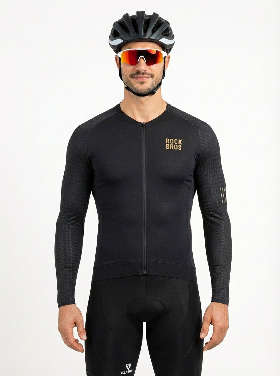 Camisa Ciclismo Masculino ROCKBROS Pró Vélor — Manga Longa, Race-Fit, UV UVA/UVB e Logo Refletivo Dourado